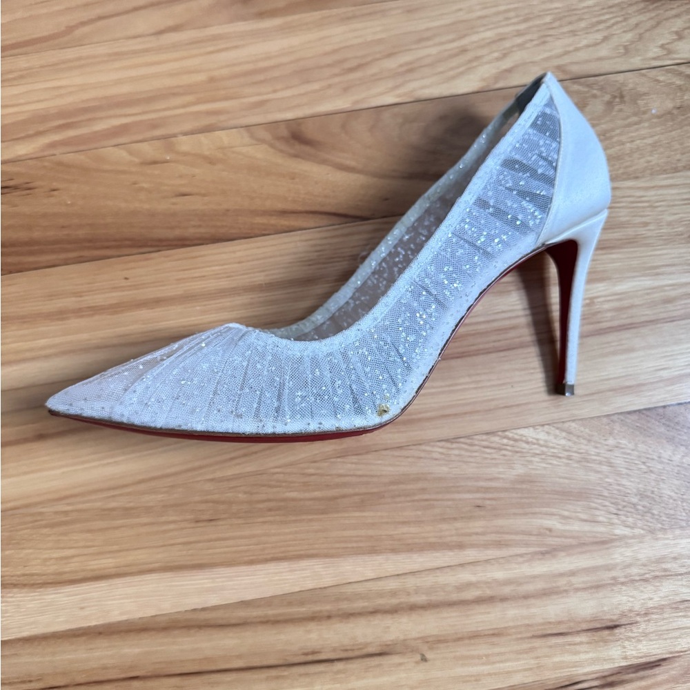 SOLD ‼️Christian Louboutin Kate Draperia 85 White Glitter Tulle Bridal Low Heel - Picture 4 of 16